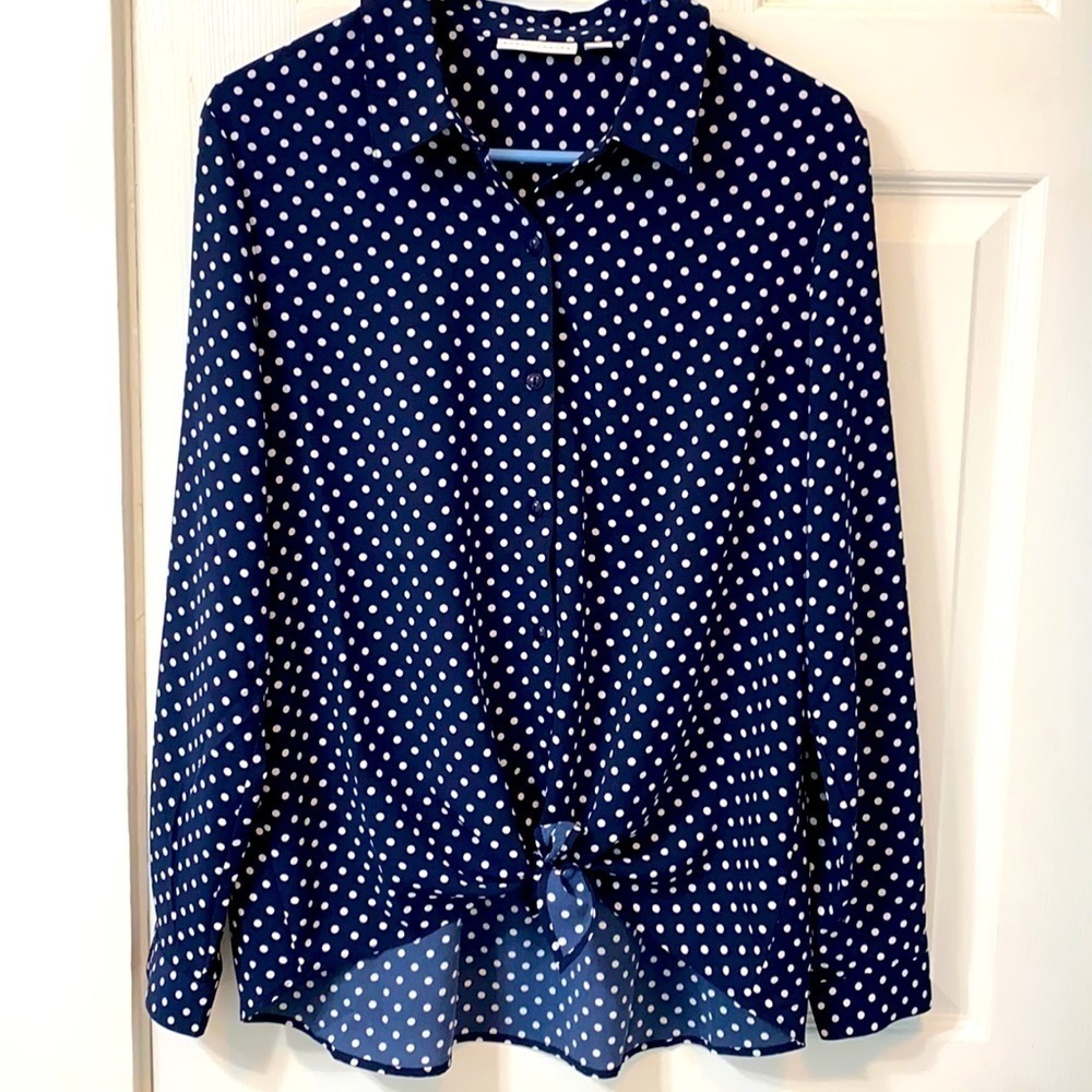 Susan Graver Navy Blue Polka Dot Button Down Shirt